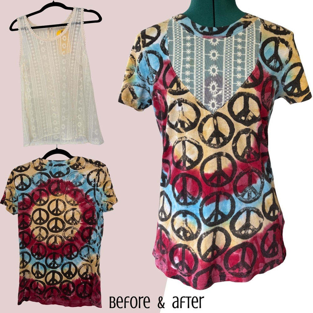 Upcycled by Me: Multicolor Boho Hippie Peace Sign Women’s T Lace Detail small XS - Picture 7 of 7